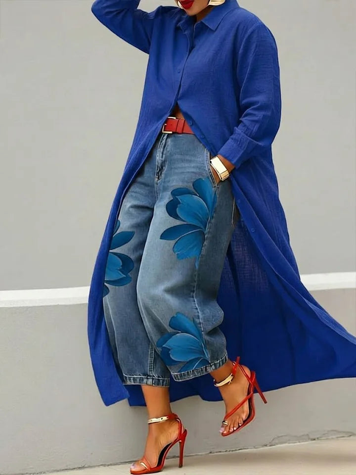 Maud | Long Sleeve Shirt and Floral Jeans Set