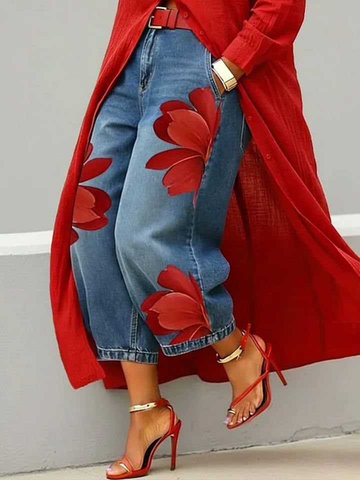 Maud | Long Sleeve Shirt and Floral Jeans Set