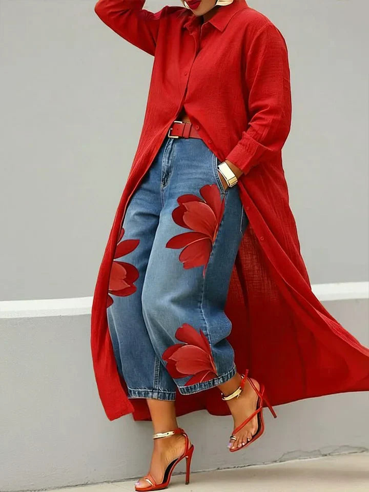 Maud | Long Sleeve Shirt and Floral Jeans Set