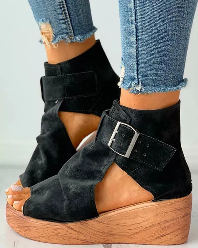 Marlyn | Women's open-toe wedge sandals with a retro-style buckle