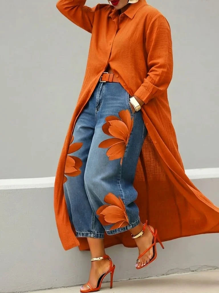 Maud | Long Sleeve Shirt and Floral Jeans Set