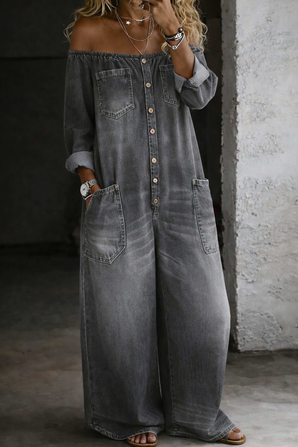 Elena™ | Denim Jumpsuit with Off-Shoulder Design