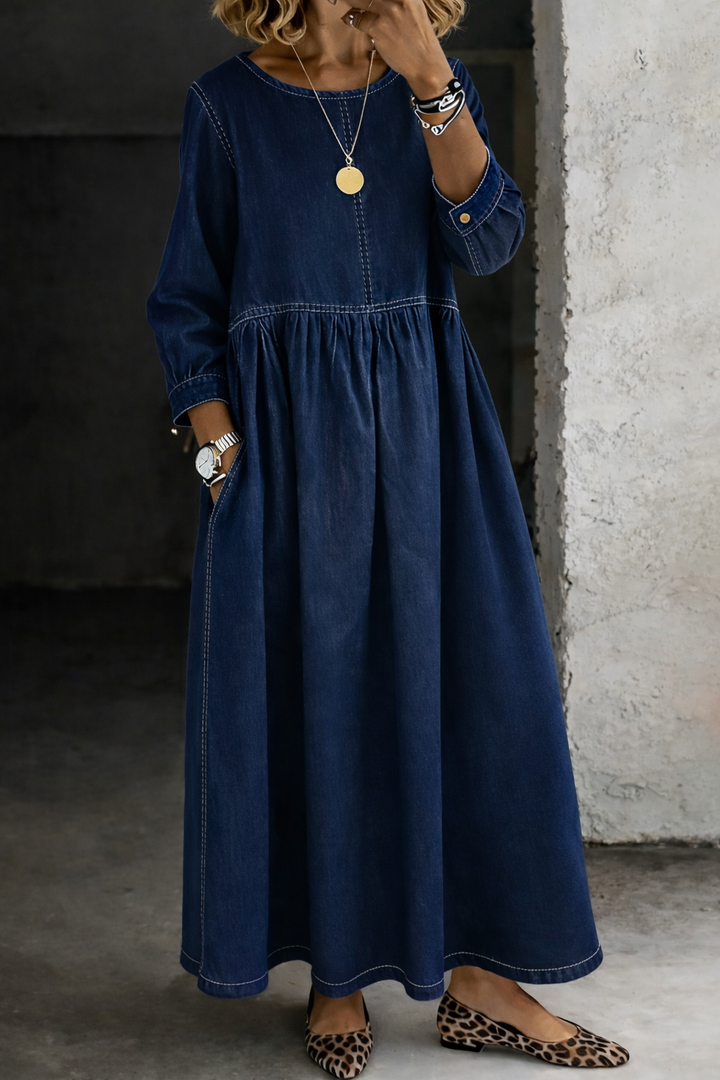 Melissa™ | Long Denim Dress with Round Neck and Long Sleeves