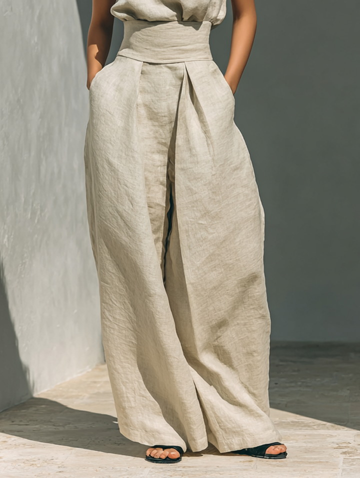 Aurora | Set consisting of a sleeveless beige top in a cotton-linen blend and wide-leg trousers