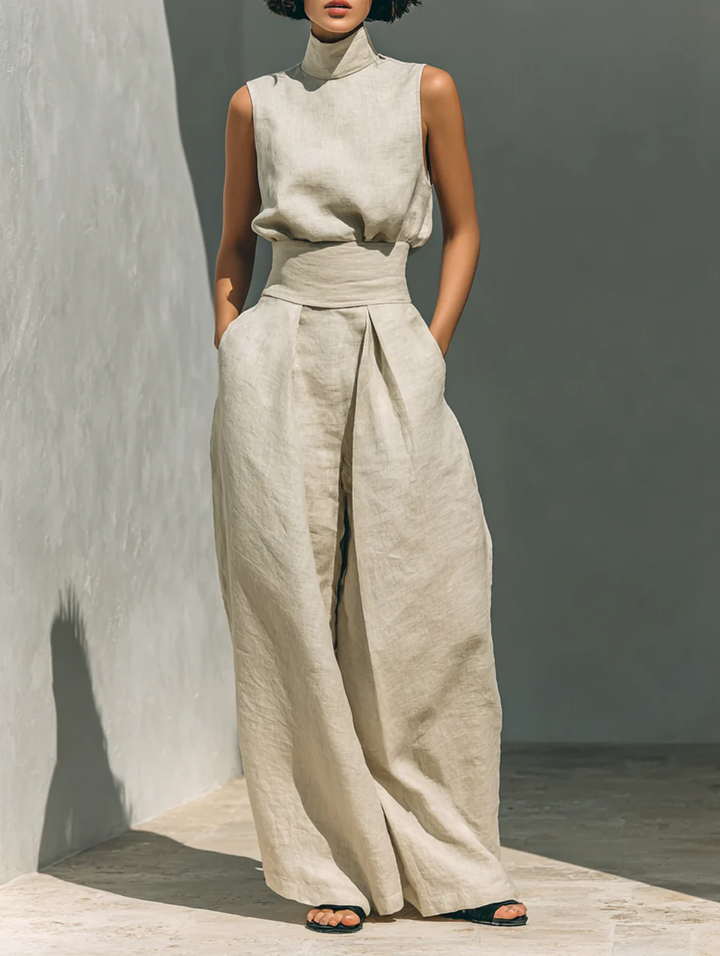 Aurora | Set consisting of a sleeveless beige top in a cotton-linen blend and wide-leg trousers