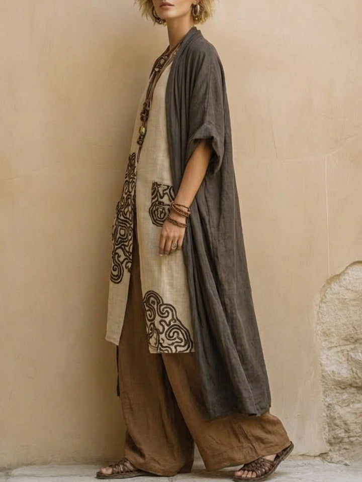 Giulia - Three-Piece Bohemian Nomad Set in Dark Grey and Brown with Tribal Pattern