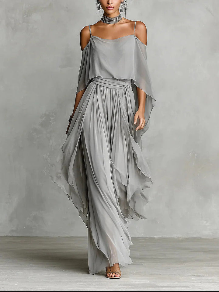 Isabela | Grey fluid set with spaghetti strap top and lightweight trousers