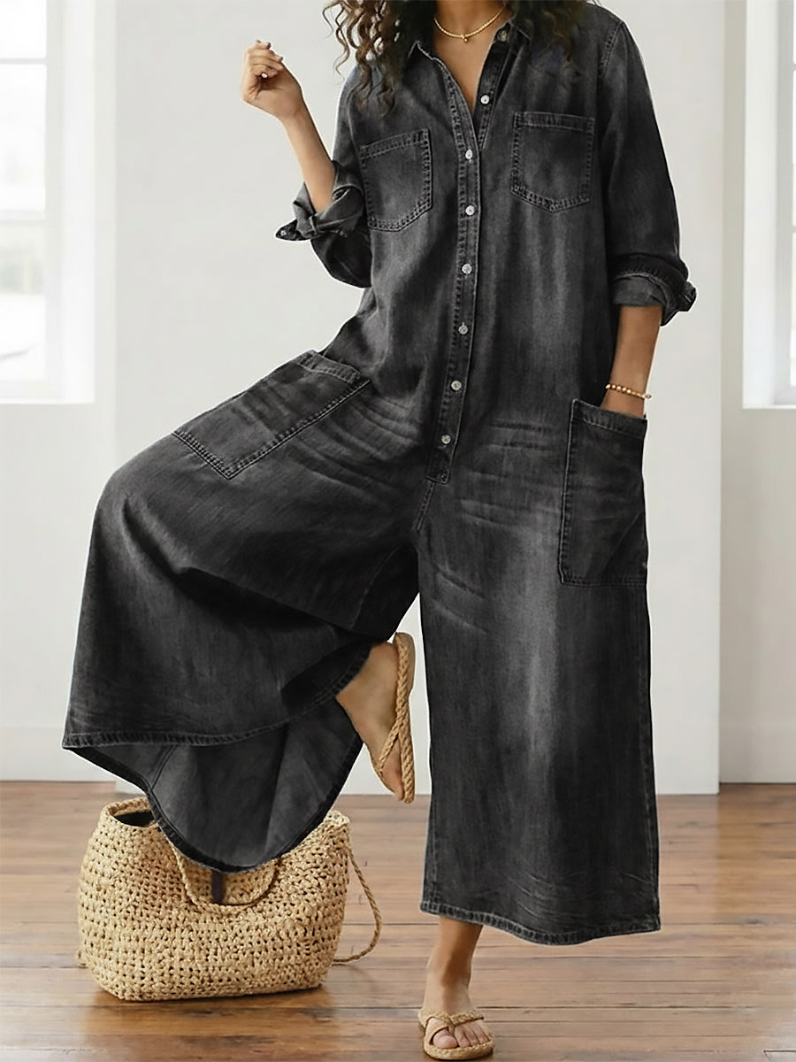 Diana™ | Vintage Denim Button-Up Jumpsuit
